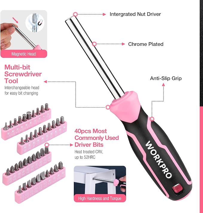 WORKPRO 277PCS Pink Tool Set, Portable Home Repairing Tool Kit for Women