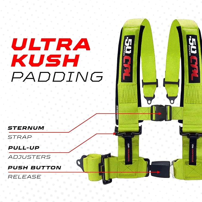 1pc 50 Cal Fluorescent Green 4 Point Harness 3", Racing Harness Seat Belt | Ultra Kush padding, Push Button quick release hardware. Universal Fit for UTV, RZR, race car.