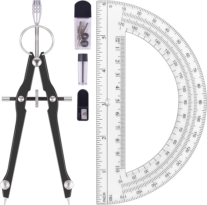 Unjoo Compass and Protractor Set, Professional Drawing Compass Tool, Metal Compass with Extra Refills, Compass for Geometry and 6 Inch Math Protractors 180 Degree (Black)