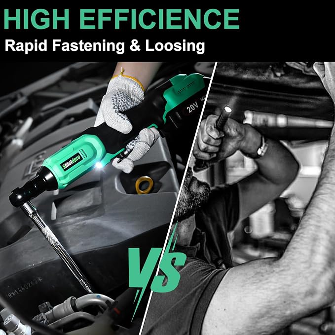20V Cordless Ratchet Wrench Set - 3/8" Electric Power Ratchet Kit with 400RPM, LED Work Light, and 2 Batteries, Fast Charger, Sockets, Adapters and Extension Bars (Green)