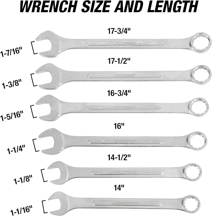 OEMTOOLS 6-PC 12 Pt. SAE Jumbo Combination Wrench Set 1-1/16" to 1-7/16" | Chrome Plated Finish Box End Wrenches, 15° Offset, Includes Canvas Wrench Roll, Drop-Forged Alloy Steel
