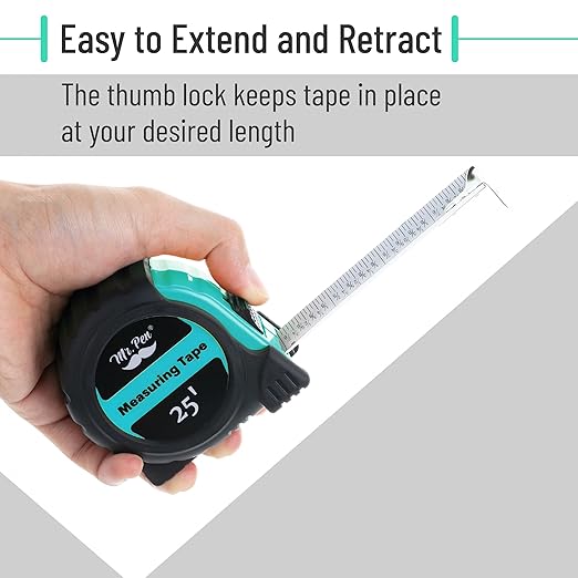Mr. Pen- Retractable Tape Measure 25 ft, Turquoise Blue, Easy Read, Steel Retractable Measuring Tape with Fractions, Ideal for Construction & DIY Projects