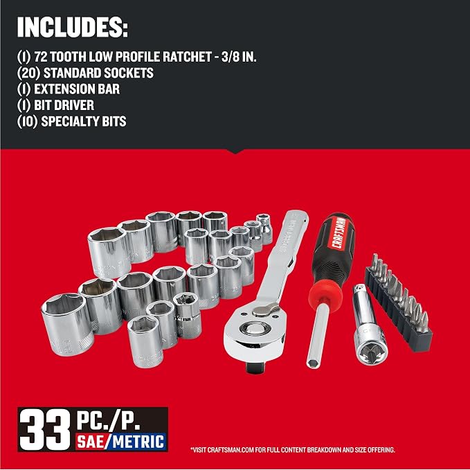 CRAFTSMAN Mechanics Tool Set, 33 Piece, 3/8 Inch Drive SAE/Metric (CMMT12113) (Pack of 4)