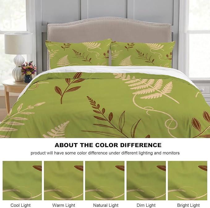 Batmerry Green Brown Branch Leaves Full Size 100% Cotton Duvet Cover Sets, Minimalist Plant Illustration Bedding Set with Zipper Closure Corner Ties, 3 Pieces (1 Cover + 2 Pillowcases No Comforter)
