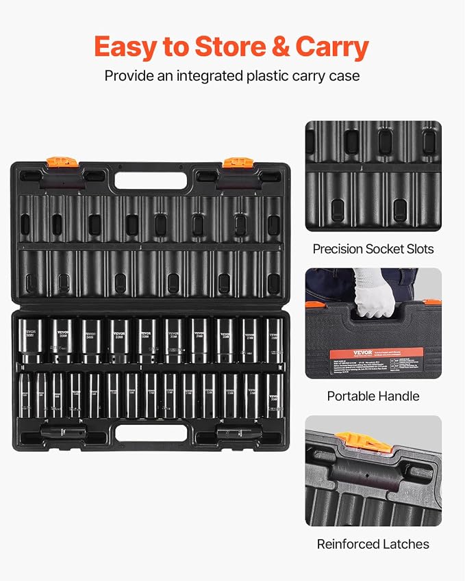 VEVOR 1/2" Drive Impact Socket Set, 26 Piece, Metric 10 to 36 mm | Deep Large Jumbo Impact Sockets, 6 Point, Cr-V, Easy-to-Read Size Markings, Rugged Construction, with Storage Case