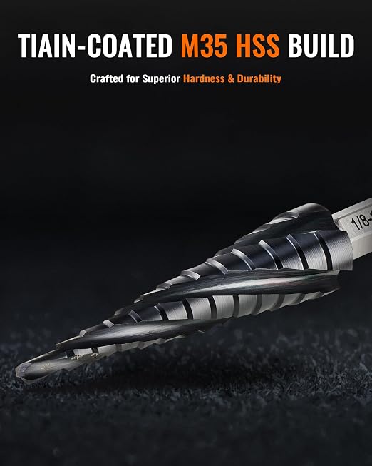 13 Sizes M35 Cobalt Step Drill Bit, 1/8" to 1/2" Four Spiral Flute Step Drill Bit for Metal, Titanium-Coated HSS Step Bit with 1/4" Hex Shank for Stainless Steel Aluminum Copper Wood Plastic