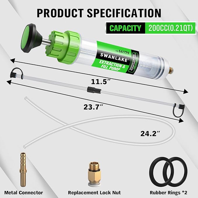 SWANLAKE 200cc Fluid Extractor & Fill Pump, Automotive Fluid Pump Extractor, Oil Change Pumps with 23'' Long Hose, 2PCS 12'' Extension Tubes, Suction Pumps for Lawn Mowers Cars