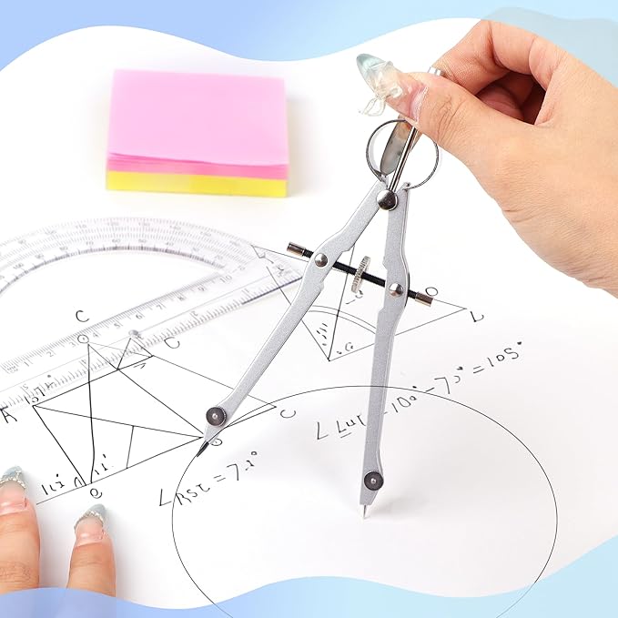 Unjoo Compass and Protractor Set, Professional Drawing Compass Tool, Metal Compass with Extra Refills, Compass for Geometry and 6 Inch Math Protractors 180 Degree (Pink)