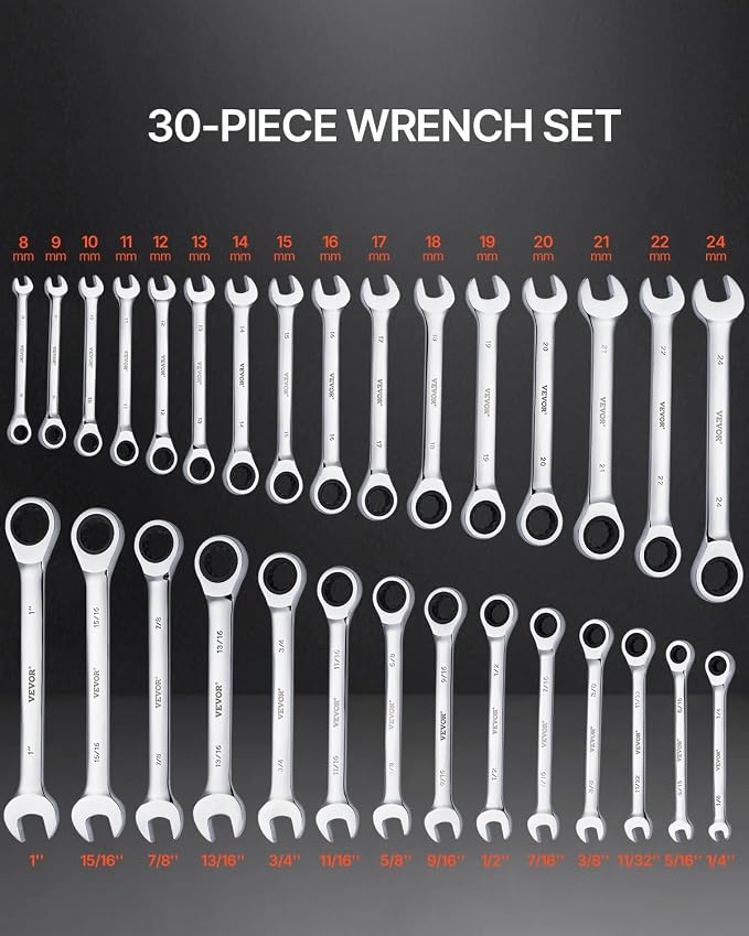 VEVOR Ratcheting Wrench Set, 30-Piece Combination Wrench Set, 72 Teeth | SAE 1/4" to 1", Metric 8 mm to 24 mm, Cr-V Steel, with Organizer Rack, for General Household, Garage, Workshop, Emergency