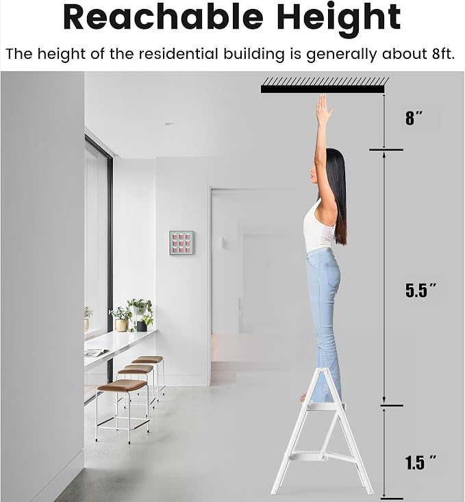 SOLADDER Step Stool, 2 Step Ladder with Anti-Slip and Wide Pedal, Portable Iron Foldable Stepladder for Home and Kitchen, 300lbs - White