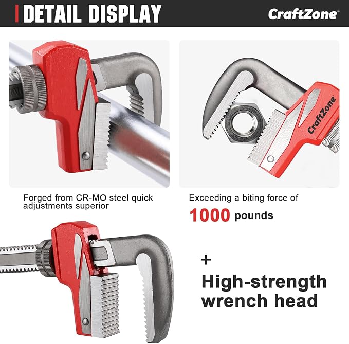 9 Inch Aluminum Pipe Wrench, Heavy-Duty Adjustable Plumbing Wrench, 50mm Max Jaw Capacity, Cr-V Steel Jaw, Lightweight Straight Pipe Wrench for Pipe Fittings