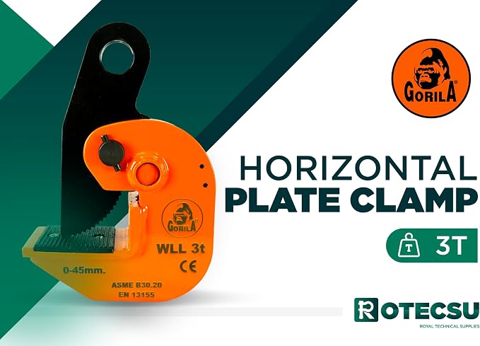 GORILA horizontal plate clamp | 6600lbs / 3 ton | Jaw opening 1.8 inch/45mm | Industrial and heavy duty Steel plate clamp for lifting and transporting | Safety factor 4:1 | Since 1989