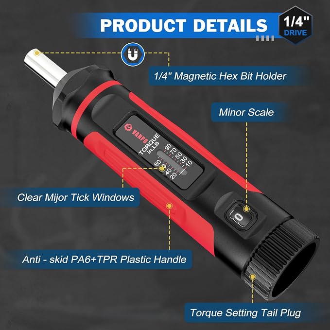 VANPO Torque Screwdriver 10-90 in-lb, 1/4" Drive Precision Driver Set | Inch Pounds Torque Wrench, 60 S2 Steel Bits for Gunsmithing, Bike Repair, Scope Mounting, Maintenance, DIY