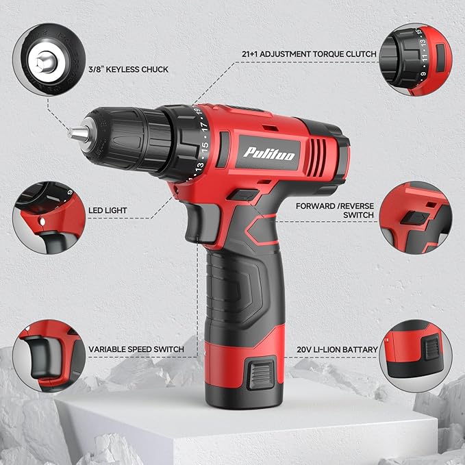 PULITUO 149-Piece Home Drill Set with 12V Red Cordless Drill, Hand Tools, Tool Box for Women, Men, DIY Enthusiasts for Home Improvement.