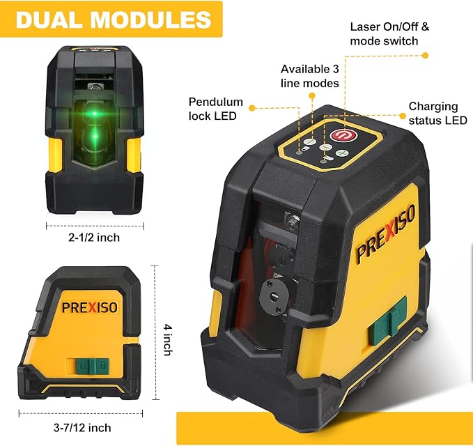 PREXISO Laser Level Self Leveling - 100Ft Rechargeable Cross Line Laser, Green Line leveler Tool for Construction, Floor Tile, Home Renovation with Magnetic Pivoting Base, Target Plate & Carry Bag