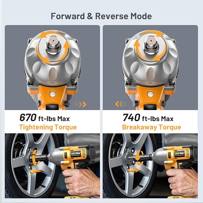 TaskStar Cordless Impact Wrench 740 Ft-lbs(1000N.m) 3300RPM High Torque 1/2 Inch Impact Gun, Electric Impact Driver, Brushless Motor, 2x4.0Ah Battery Fast Charger for Car Tires Truck Mower