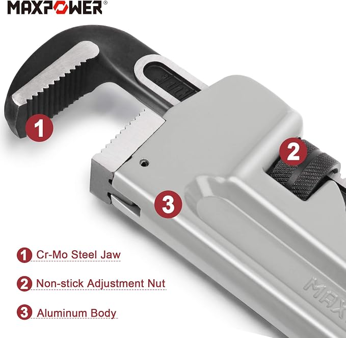 MAXPOWER 30-inch Pipe Wrench, 4.2" Jaw Opening, Aluminum Plumbing Wrench | Heavy Duty Adjustable Straight Pipe Wrench