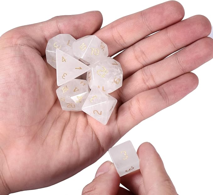 mookaitedecor 7 PCS Rock Quartz Crystal Polyhedral DND Dice Set, Polished Tumbled Stones Dices for RPG MTG Table Games Home Decoration