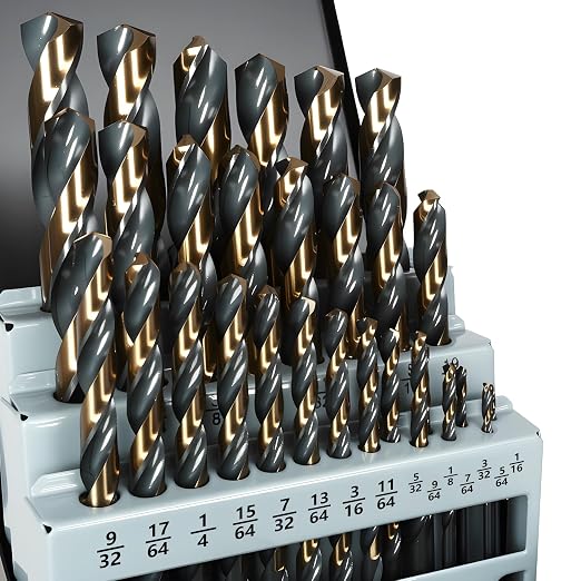 29PCS Drill Bit Set 1/16"-1/2", Black and Gold Oxide Finish Metal Drill Bits, M2 Jobber Length Twist Drill Set with Index Case for Steel, Wood, Plastic