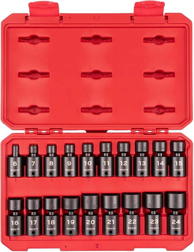 TEKTON 3/8 Inch Drive Universal Joint Impact Socket Set | SID97302 | 19-Piece, (6 - 24 mm), Shallow, 6-Point