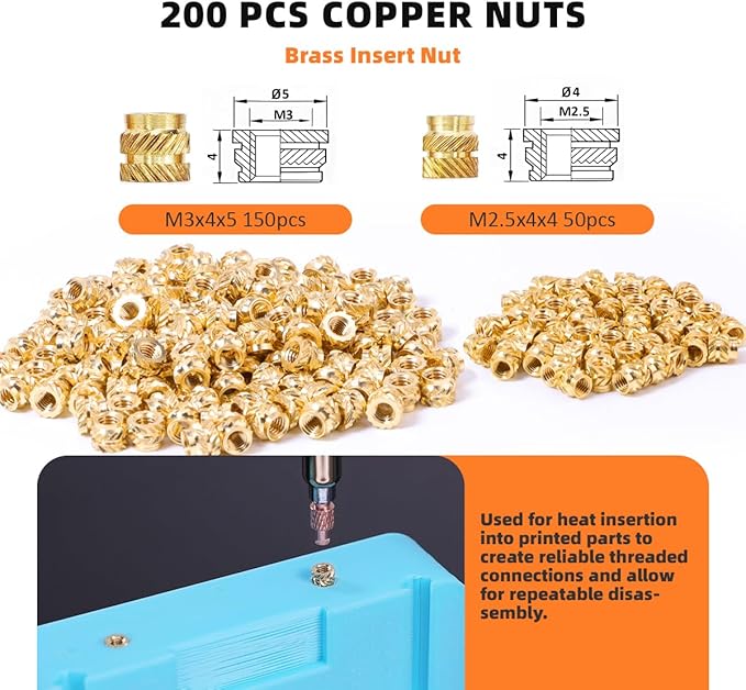 Heat Set Insert Tool with 200PCS Brass Inserts & 90W Soldering Iron | 3D Printer Tools for M2/M3/M4/M5/M6/M8 Threaded Knurled Nuts | Professional Installation Kit for PLA, ABS, PETG Plastic Parts