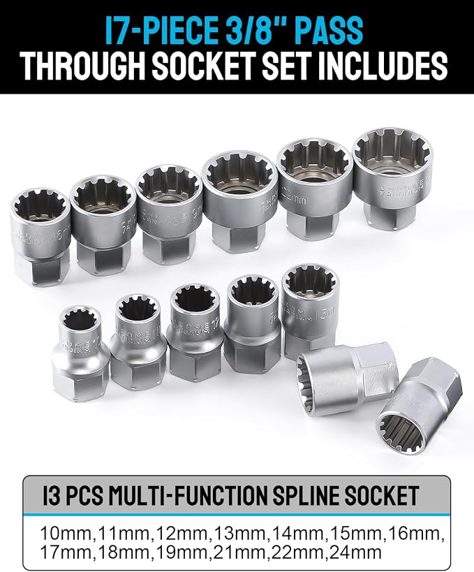 17-Piece Metric Pass Through Socket Set, 10-24 mm, 3/8" & 1/2" | Hollow sockets clear long threaded rods; the 12-point spline profile grips hex, square, star and partly rounded fasteners