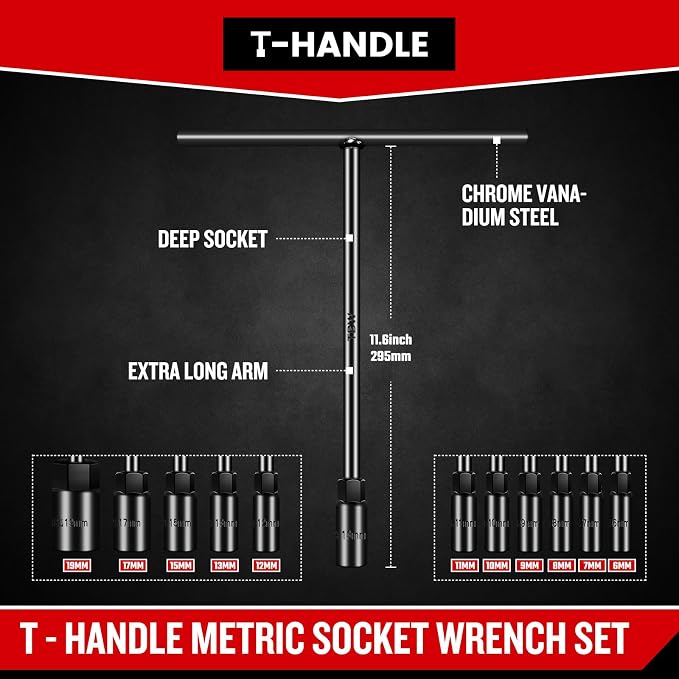 T-Handle Wrench Socket Set, 6-Point Cr-V Steel T Wrench Set Metric Size 6mm to 19mm, Lug Tool Socket with Long Reach for Motorcycle Bicycle Car Repair (11 Pack)
