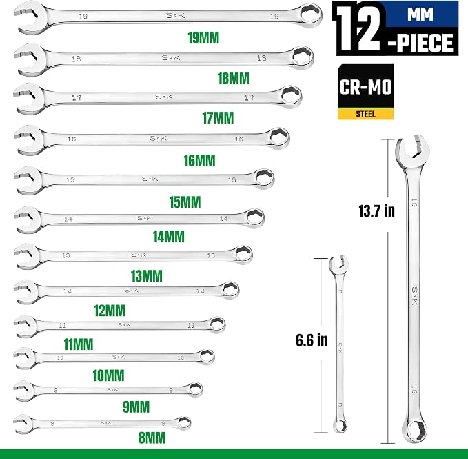 SK 6 Point Bolt Extractor Wrench Set, Metric 8-19mm, 12-Piece, Extra Long | Combination Wrench Set for Rounded and Stripped Bolts Removal, Mirror Krome Finish, Premium CR-MO Steel