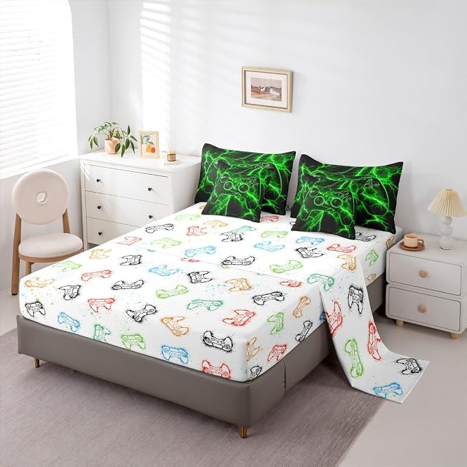 Gamer Queen Comforter Set with Sheets, Gaming 7-Piece Bedding Set Video Game Console Bed in a Bag, Green Lightning Room Decor,Boys Bedroom Decor
