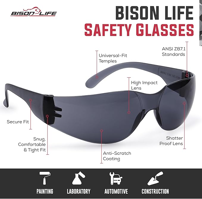 BISON LIFE Clear Safety Glasses – ANSI Z87.1 Scratch & Impact Resistant Wrap Around Eye Protection Goggles for Men & Women