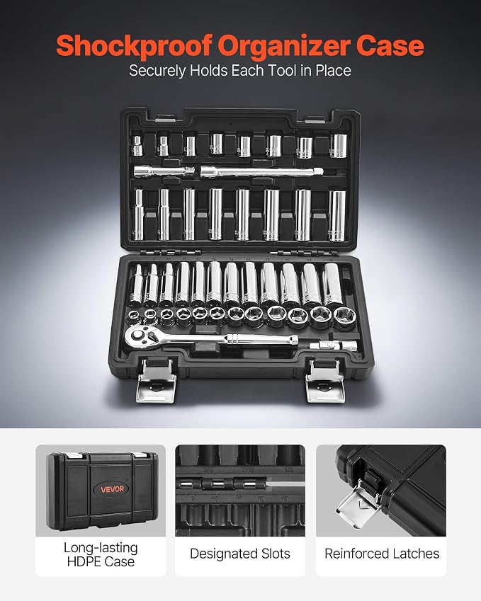 VEVOR Socket Set, 44 Pieces, 3/8 inch Drive Socket and Ratchet Set, SAE and Metric, Deep and Shallow, Mechanic Tool Kit with Accessories and Storage Case, CR-V Alloy Steel, for Automotive Repair
