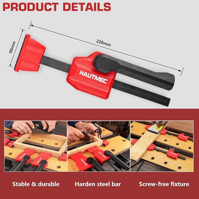 HAUTMEC 3/4" Bench Dog Clamp, Quick-Release Hold Down Clamps for 19mm Dog Holes, 170 Lbs Clamping Force, Adjustable Bench Clamps for Woodworking, Assembling, Gluing, 2 Pack - HT0276