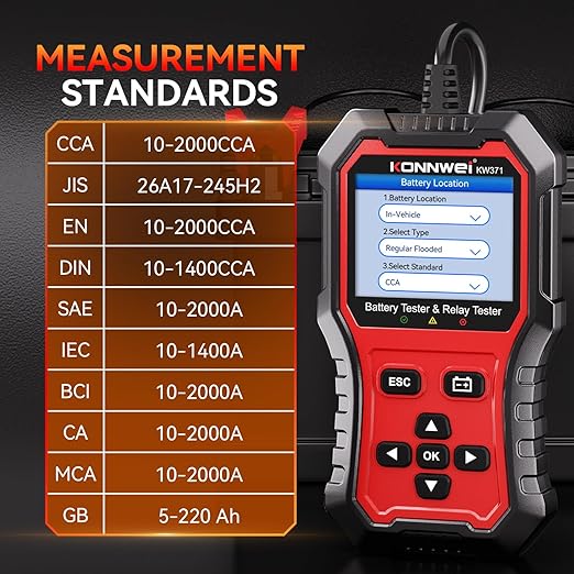 KONNWEI KW371 2-in-1 Car Battery Tester Relay Tester, 6V 12V 24V 10-2000 CCA Automotive Diagnostic Tool for Lead Acid AGM Gel EFB Lithium, Charging Cranking Analyzer for Motorcycle Truck Boat