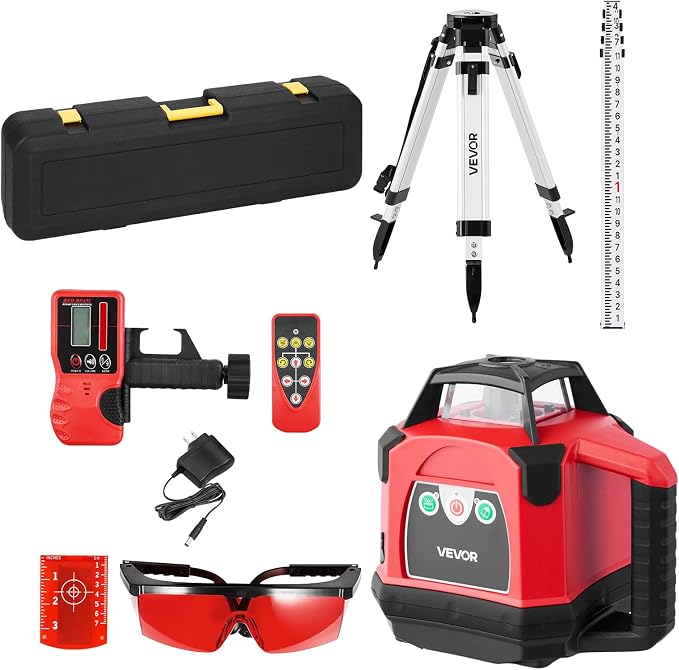 VEVOR Rotary Laser Level Kit, 2650ft 360-Degree Self Leveling Red Horizontal Laser Transit,with Heavy-duty Tripod, Receiver, Remote Control, Toolcase, IP66 Waterproof, 0.06in/100ft for Construction