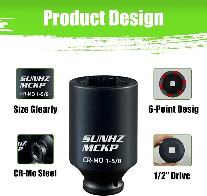 SUNHZMCKP 1/2" Drive Deep 6-Point Impact Socket Set, 8-Piece Standard SAE Spindle Axle Nut Impact Socket Set, Cr-Mo, 1-1/4-Inch to 1-3/4-Inch Size