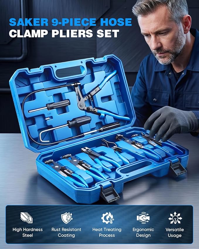 Saker Hose Clamp Pliers Set, Automotive Clamp Removal Tool Kit, Spring Clip Pliers, Flexible Cable Clamp Tool - 9PCS Heavy Duty Locking Kit for Car Engine Repair Tight Space Mechanic DIY