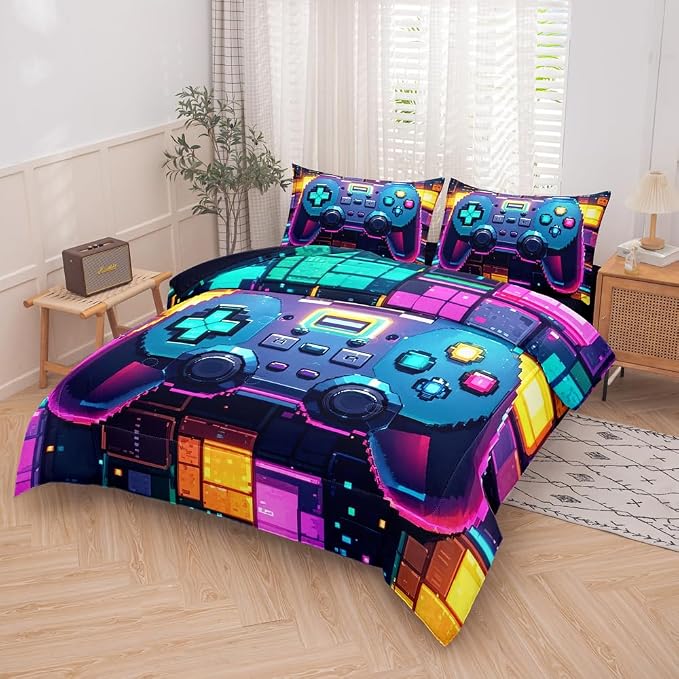5 Pieces Geometry Gaming Comforter Set Twin,Gaming Bedding Set for Boys,Twin Kids Bedding Set for Boys,Kids Bedding Set 5 Pieces