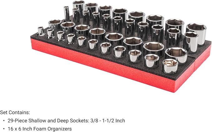 TEKTON 1/2 Inch Drive 6-Point Socket Set, 38-Piece | SHD92808 | Shallow and Deep, 3/8 - 1-1/2 in., Foam Organizers