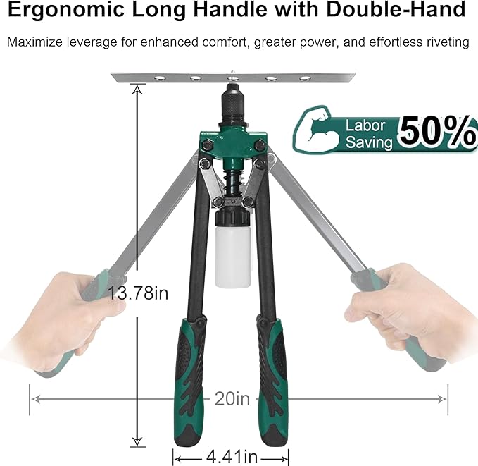 Heavy Duty Double Handle Rivet Gun, Professional Riveting Tool for Metal Working & Auto Repair, Handles 1/8” to 3/16” Rivets, with 3 Interchangeable Nosepieces & Storage Case