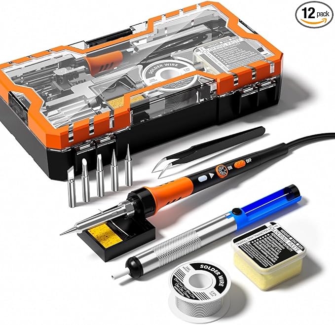 Soldering Iron Premium Kit, 60W Soldering Gun with Ceramic Heater, 12-in-1 Soldering Tool, Adjustable Temperature 200 to 450°C, Includes Soldering Iron Tip, Solder Wire, Pump and Paste
