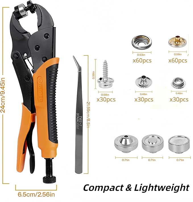 Metal Snap Pliers Set, Hand Snap Fastener Pliers Tool Set with 3 Dies & 60 Sets Stainless Steel Snaps, Heavy Duty Snap Button Setter Tool with Storage Bag for Boat Cover Canvas Leather