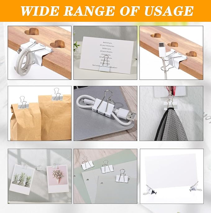 Jetec 300 Pack 1.25in/32mm White Metal Binder Clips Bulk Medium Reusable Fold Back Binder Clips Paper Clamps Spring Steel Sturdy for Home Office School Supplies