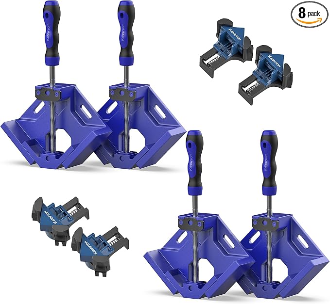 90 Degree Corner Clamp Set, 4 Pack Aluminum Alloy Swing Jaw Corner Clamps for Woodworking + 4 ABS Plastic Right Angle Clamps, Framing, Cabinet DIY