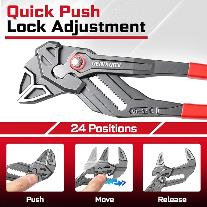 GEINXURN 12-Inch Pliers Wrench, 1PC Smooth V-Jaw Pliers with 24-Position Push-Lock, Fast Adjustable Slip Joint Pliers Set for Plumbing, Home Repair, and Pipe Fittings