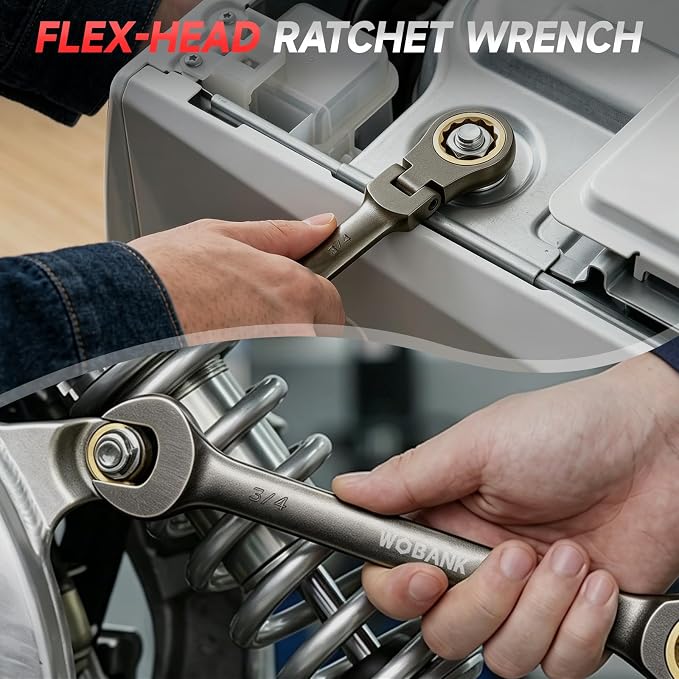 22-Piece Ratcheting Wrench Set, Flex Head Combination Wrenches Set with Organizer Box, Metric 8-19mm and SAE 1/4" to 3/4" Size, 12 Points 72-Teeth, Nickel Plating