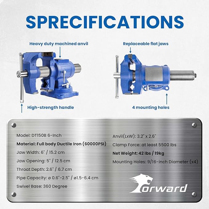 Forward HY-DT150B-6IN Heavy Duty Bench Vise 360-Degree Swivel Base and Head with Anvil (6")