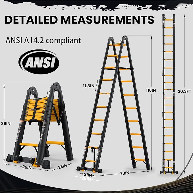 SINMEIRUN Telescoping Ladder, 20.3 FT, A Frame, Aluminum Extension Ladder, 330 lbs Capacity, Collapsible Multi-Purpose Ladder for Home, Roof and RV; Yellow