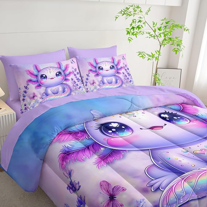Axolotl Bedding 7 Piece Comforter Set Queen Size,Marine Life Themed Bed Set for Toddlers Girls Room Decor,Cute Kids Bedding with 1 Comforter,1 Flat Sheet,1 Fitted Sheet,4 Pillowcases.