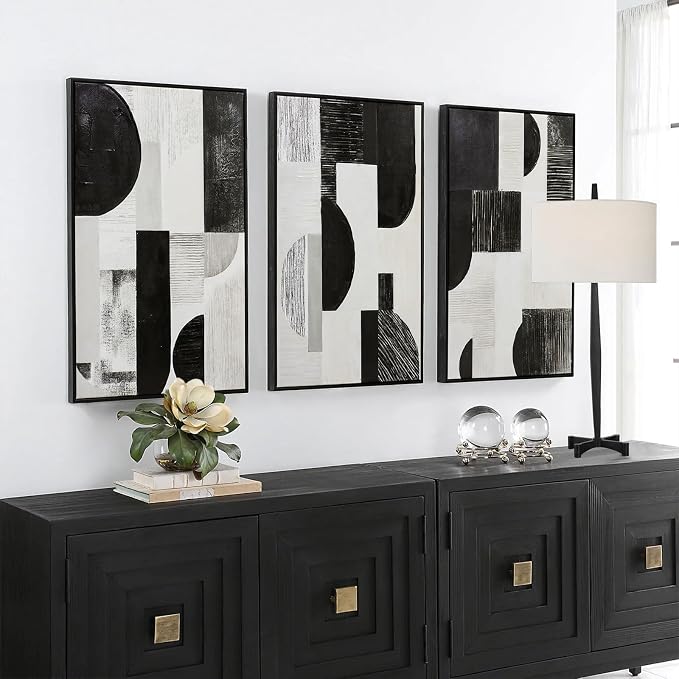 Zessonic Abstract Black White and Grey Wall Art Framed Geometry Canvas Print Modern Contemporary Edgy Block Artwork for Living Room, Bedroom, Office Decor - Set of 3, 16x24 Inch (Ready to Hang)