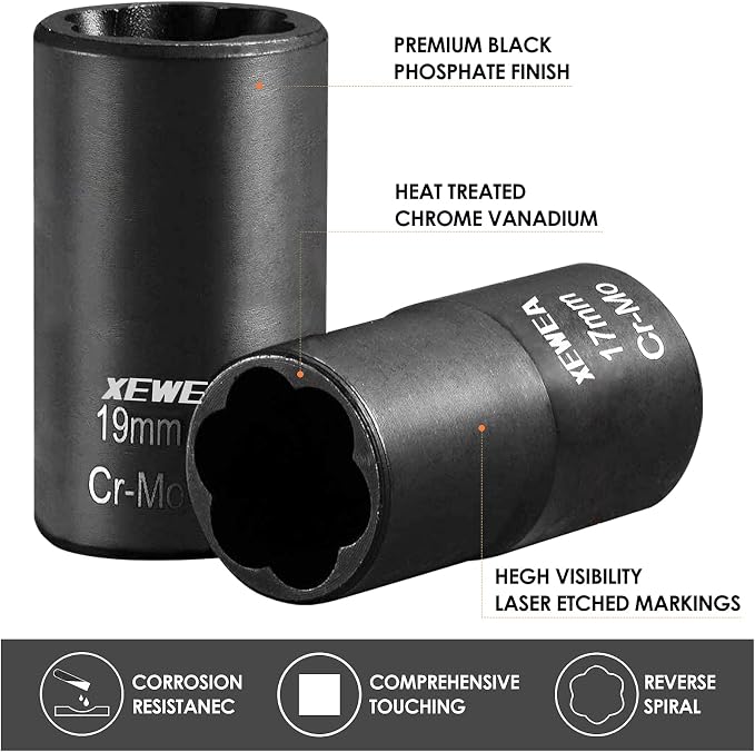 XEWEA 9PCS Lug Nut Extractor Set, 1/2" Drive Impact Bolt Nut Socket Remover | Impact Wheel Lock Removal Kit, Easy Out Extractor Set for Damaged, Frozen, Rusted, Rounded-Off Bolts Nuts,CR-Mo